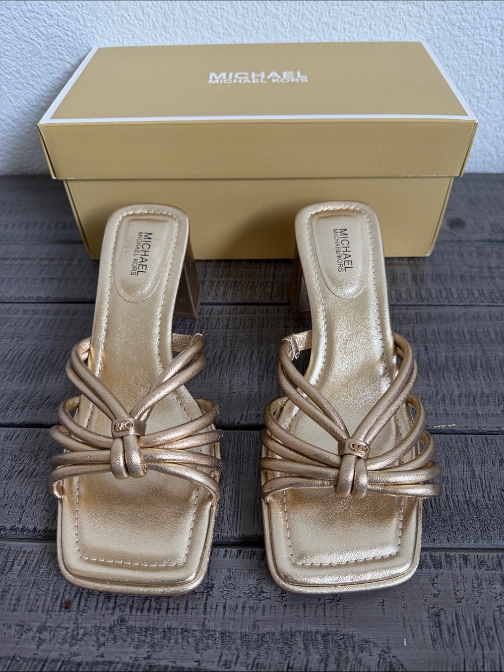 Michael Kors Astra Metallic Leather Knotted Strappy Sandals Pale Gold NIB